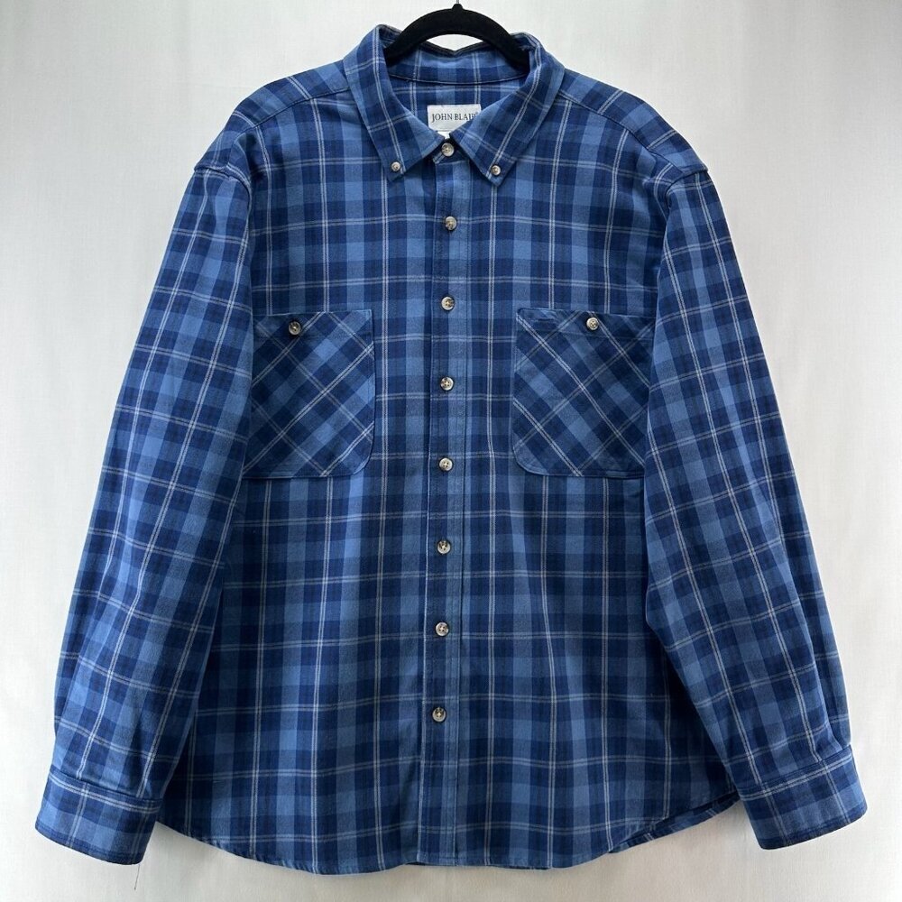 John Blair Flex Twill Shirt Men XL Twill Button Down Long Sleeve Rich Blue Plaid